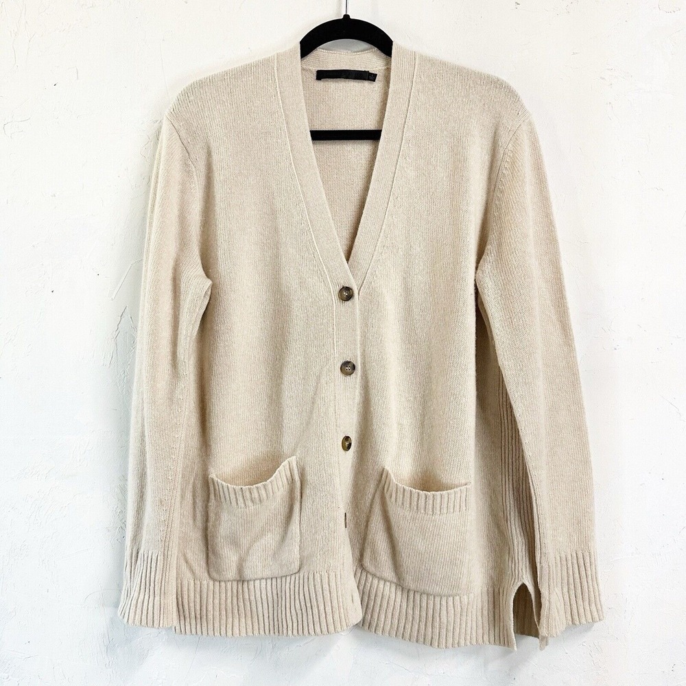 Jenni Kayne Womens Sweater Large Tan Wool Cashmere Cardigan Pockets Minimalist